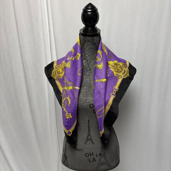 Purple Black Equestrian Square Scarf Gold Stirrups Horn Design Vintage - Picture 2 of 8